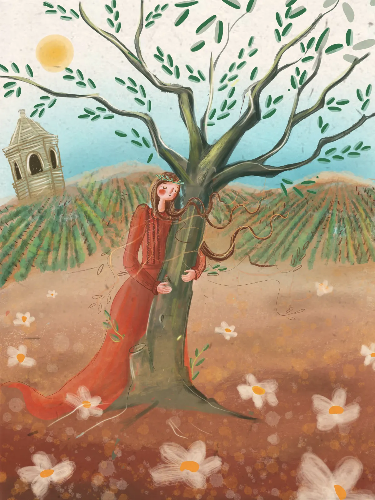 Peinture d’une jeune femme vêtue d’une robe rouge traditionnelle kurde, les yeux fermés et avec une expression faciale paisible. Elle enlace un olivier en bonne santé devant un champ luxuriant de cultures en rangées droites. Le ciel est d’un bleu éclatant et des fleurs blanches translucides flottent dans la première moitié du tableau.