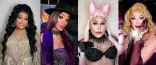 Images de quatre drag queens. La première est souriante, a de longs cheveux noirs et porte des boucles d’oreilles argentées en forme de cœur ainsi qu’une robe scintillante. La deuxième porte un chapeau à bords noirs, un collier ras-de-cou noir, un boa à plumes violet et un haut orné de clous. La troisième est coiffée de chignons spatiaux roses et porte des boucles d’oreilles en forme d’éclairs noirs, un haut en maille noire et des gants assortis. La quatrième a des cheveux blonds et gants violets avec bijou
