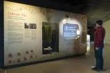 Un homme pointe du bras le mur d'une exposition muséale afin de démarrer une vidéo.