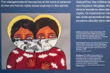 Peinture représentant deux enfants debout l’une près de l’autre, vues de la poitrine jusqu’au haut du corps. Elles portent des vêtements rouges ornés d’oiseaux blancs, et un foulard noir et blanc leur couvre la moitié inférieure du visage.