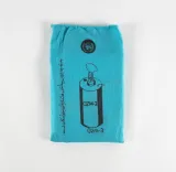 Un emballage bleu-vert, plat et rectangulaire, sur lequel on voit une illustration d’un type de contenant cylindrique.