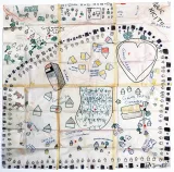 Dessin en couleur d'un campement qui comprend du feuillage, des huttes et des sentiers. Un grand cœur est visible près du haut du dessin.