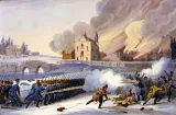 Une peinture d’une bataille. À gauche, des soldats en rangée tirent vers un groupe désorganisé de rebelles, à droite, dont certains s’enfuient en courant. À l’arrière-plan, d’autres soldats traversent un pont de pierres et plusieurs bâtiments sont en train de brûler.