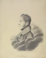 Un dessin de profil de Wolfred Nelson. Il porte un manteau au col large et a de grands favoris.