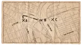 Carte du centre de Winnipeg montrant l’emplacement du Red Saloon (A), le trajet emprunté par Elzéar lors de sa tentative d’évasion, l’emplacement des quais des navires à vapeur où il a plongé dans l’eau (B) et l’actuel parc Elzéar Goulet (C). 