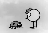 Une image en noir et blanc de deux personnages de dessin animé qui se regardent l'un l'autre. L'une est une coccinelle et l'autre est une figure circulaire avec des jambes, de grands yeux et une touffe de cheveux sur la tête.