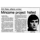 Un article de journal de 1979, titrant en anglais « Le projet Mincome interrompu » et « Échec de l’objectif, effets incertains ».