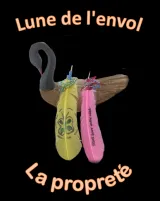 L’image d’une oie est dans l’arrière-plan sur un fond noir. Une plume rose et une plume jaune sont superposées sur l’oie. Toutes deux ont du fil coloré et des fils de minuscules perles colorées noués à leur base. La plume jaune est ornée d’un papillon vert, tandis que la plume rose porte une inscription en anglais qui dit « Les arbres se balancent dans le vent ». Au-dessus de l’oie et des plumes se trouvent les mots « Lune de l’envol », et dessous, « La propreté ».