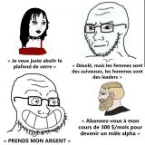 Image mème sous forme de deux courts dialogues. Une femme aux cheveux noirs et au collier clouté déclare : « Je veux juste abolir le plafond de verre », ce à quoi un homme chauve à lunettes répond : « Désolé, mais les femmes sont des suiveuses, les hommes sont des leaders. » En dessous, un barbu dit : « Abonnez-vous à mon cours de 300 $/mois pour devenir un mâle alpha » et l’homme à lunettes dit : « PRENDS MON ARGENT. »