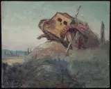 Une peinture impressionniste sombre dans laquelle un véhicule blindé à chenilles de couleur fauve est placé de travers sur une petite colline bleu-vert. L’une de ses chenilles a été partiellement enlevée et une grosse branche d’arbre s’est logée dans le mécanisme. Le paysage est essentiellement dénudé de plantes.