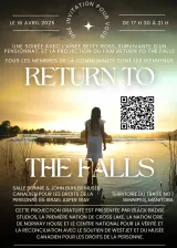 Une affiche avec une jeune fille en robe blanche dans l'eau au crépuscule. L'affiche indique « une soirée avec l'aînée betty ross, survivante d'une école résidentielle, et la présentation du film retour aux chutes - tous sont bienvenus. Cette présentation publique gratuite est présentée par black badge studios, la première nation de cross lake, la nation cree de norway house et le centre national pour la vérité et la justice. Avec le soutien de west jet et du musée canadien pour les droits de la personne. »