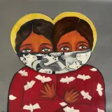 Peinture représentant deux enfants debout l’une près de l’autre, vues de la poitrine jusqu’au haut du corps. Elles portent des vêtements rouges ornés d’oiseaux blancs, et un foulard noir et blanc leur couvre la moitié inférieure du visage.