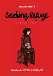 La couverture d’un roman illustré intitulé « Seeking Refuge », qui montre une jeune femme assise sur une valise.