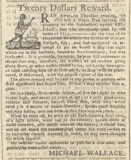 Annonce dans un vieux journal offrant une récompense de 20 $ et comprenant une petite image d’une personne noire qui court en regardant derrière au-dessus de son épaule.