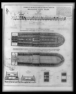 Illustration montrant les plans de pont et des coupes transversales d’un navire, qui est complètement chargé de personnes esclavagées couchées, épaule contre épaule.