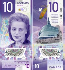 Le devant et l'arrière du nouveau billet canadien de 10 $ sur lequel figurent Viola Desmond et le Musée canadien pour les droits de la personne.