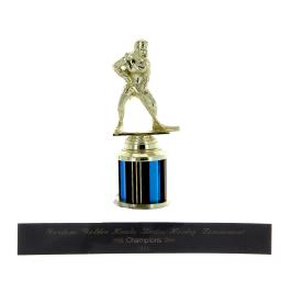 A brass hockey player from the top of a sports trophy.
