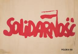 Le mot « Solidarnosc » est écrit sur une bannière en lettres majuscules rouge. Dans le coin en bas à droite, on peut lire aussi « Polska ‘80 ».
