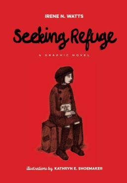 La couverture d’un roman illustré intitulé « Seeking Refuge », qui montre une jeune femme assise sur une valise.