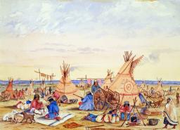 Peinture colorée d’un camp de chasse du 19e siècle, montrant des charrettes, des tipis, des chiens et des gens qui s’adonnent à diverses tâches et passe-temps.
