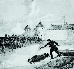 Gravure sur bois représentant un homme debout tirant avec un pistolet sur un autre homme couché et ligoté au sol. Une grande foule de spectateurs et les murs d’un fort de l’époque coloniale sont à l’arrière-plan.
