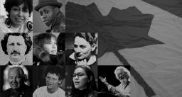 Un collage de photographies en noir et blanc de personnes, dont Louis Riel, Terry Fox et Gabrielle Roy.