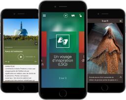 Trois téléphones intelligents sont posés ensemble, face à la caméra. Chaque téléphone affiche une image de l'application « Un voyage d'inspiration » du Musée.