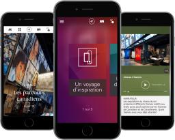 Trois téléphones intelligents sont posés ensemble, face à la caméra. Chaque téléphone affiche une image de l'application « Un voyage d'inspiration » du Musée.