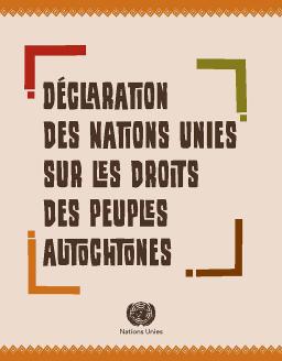 Couverture de la Déclaration des Nations Unies sur les droits des peuples autochtones où l’on voit le titre du document écrit dans une police stylisée et partiellement encadré dans les coins par des traits vert, rouge, brun et orange. On voit aussi le logo de l’ONU dans le bas, au centre.