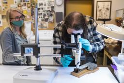 Deux personnes portant des gants bleus et des masques sont debout à une table; l’une d’elles observe un objet gris en bois dans un microscope. 