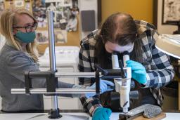 Deux personnes portant des masques et des gants bleus se tiennent debout devant une table de travail blanche. Elles utilisent un microscope monté sur de grands supports métalliques pour examiner un morceau de bois. 