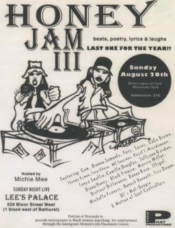Affiche de la troisième édition de Honey Jam, qui présente une illustration de deux femmes DJ à l’allure féroce.