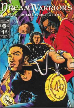 Une bande dessinée avec des hommes noirs illustrés, se tenant en cercle, sur la couverture. L’un d’eux tient un médaillon doré portant le logo des Dream Warriors au premier plan.