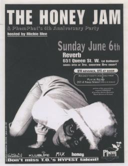 Affiche de « The Honey Jam » qui mentionne la fête du 4e anniversaire de PhemPhat. On y voit une femme coiffée d’un chapeau flou et portant des lunettes à monture épaisse dans une posture accroupie de breakdance.