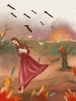 La même jeune femme vêtue d’une robe kurde rouge traditionnelle, qui figurait dans le tableau précédent, fuit les missiles qui pleuvent du ciel. Elle tient un petit chat blanc pour le protéger. Des colombes sont intercalées entre les missiles. L’olivier qu’elle étreignait auparavant est détruit et ses branches brûlent. Il y a des explosions à l’horizon et la terre est en feu.