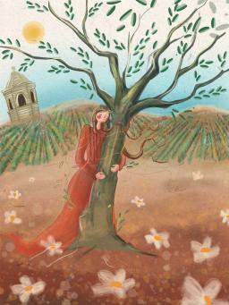 Peinture d’une jeune femme vêtue d’une robe rouge traditionnelle kurde, les yeux fermés et avec une expression faciale paisible. Elle enlace un olivier en bonne santé devant un champ luxuriant de cultures en rangées droites. Le ciel est d’un bleu éclatant et des fleurs blanches translucides flottent dans la première moitié du tableau.