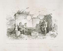 Dessin représentant un petit bâtiment en ruine avec de la fumée et des explosions en arrière-plan. Deux hommes en uniforme sont assis à une table sur la gauche, face à trois hommes debout – l’un en uniforme mais sans chapeau, flanqué de deux hommes armés de fusils.