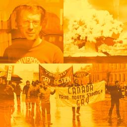 Collage monochrome en orange de trois images. L’image en haut à gauche représente Douglas Sanders, un militant homosexuel blanc. L’image en haut à droite est l’explosion d’une bombe atomique. L’image du bas représente une manifestation pour les droits des homosexuels.