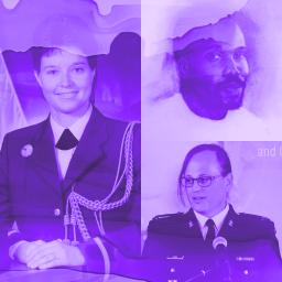 Collage monochrome en violet de trois images de personnes individuelles. L’image de gauche représente une femme blanche en uniforme militaire. L’image en haut à droite est une peinture d’un homme noir. L’image en bas à droite est une femme trans blanche en uniforme militaire devant un micro.