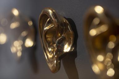 Des sculptures grandeur nature d’oreilles humaines dorées sont apposées sur un mur.