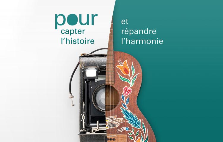 Un appareil photo des années 1940 et une guitare acoustique décorée de motifs peints. Visibilité masquée.