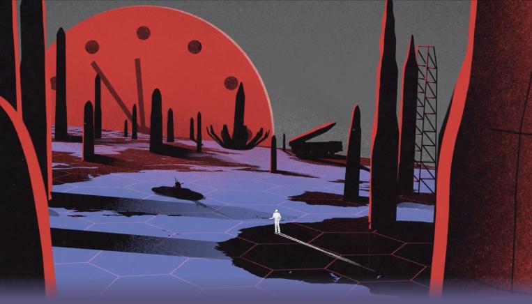 Une illustration représentant une scène dystopique après une explosion nucléaire, avec des arbres renversés et des rues désertes. Visibilité masquée.