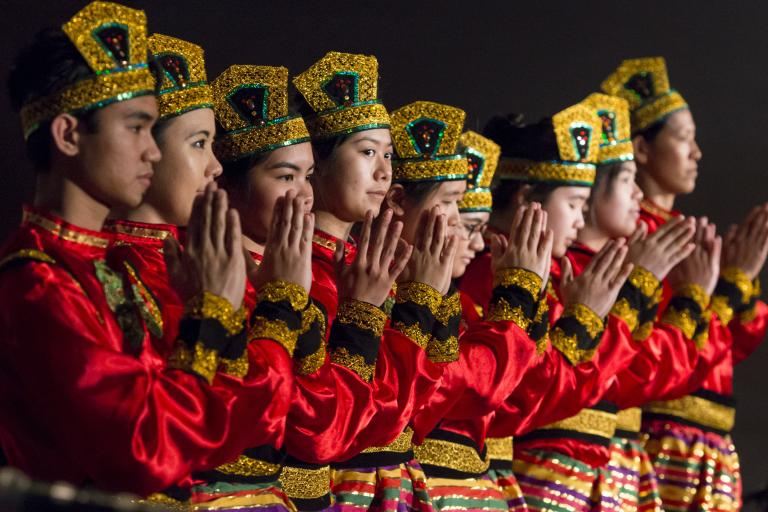 Des danseuses en tenue traditionnelle. Visibilité masquée.
