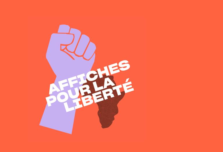 Une image montrant un poing et une carte de l'Afrique avec le texte "Affiches pour la liberté". Visibilité masquée.