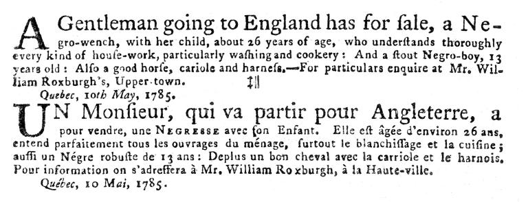 Un vieux document imprimé qui annonce la vente d’une femme esclavagée et de son enfant, et celle d’un garçon esclavagé de 13 ans, d’un cheval et d’un chariot.