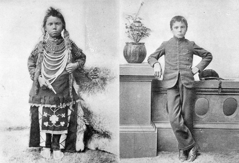 Thomas Moore Keesick à l'école industrielle autochtone de Regina. (Photo : Saskatchewan Archives Board, R-A8223-1 [à gauche], R-A8223-2 [à droite] Visibilité masquée.