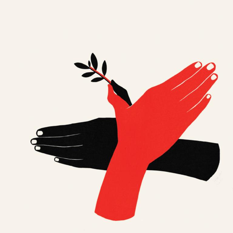 Dessin de deux mains superposées et évoquant un oiseau, qui tiennent une branche d'olivier. Visibilité masquée.