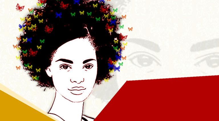 Image graphique d’une femme ayant des papillons dans les cheveux. Visibilité masquée.