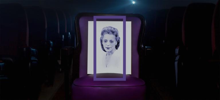 Un portrait de Viola Desmond encadré d'un rectangle vertical violet. Viola porte un haut blanc. Visibilité masquée.