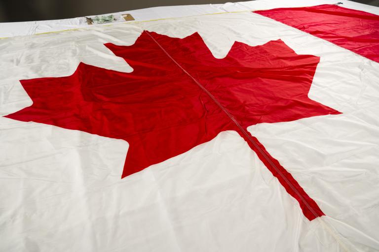 A close-up image of a Canadian flag, with a focus on the red maple leaf. Visibilité masquée.
